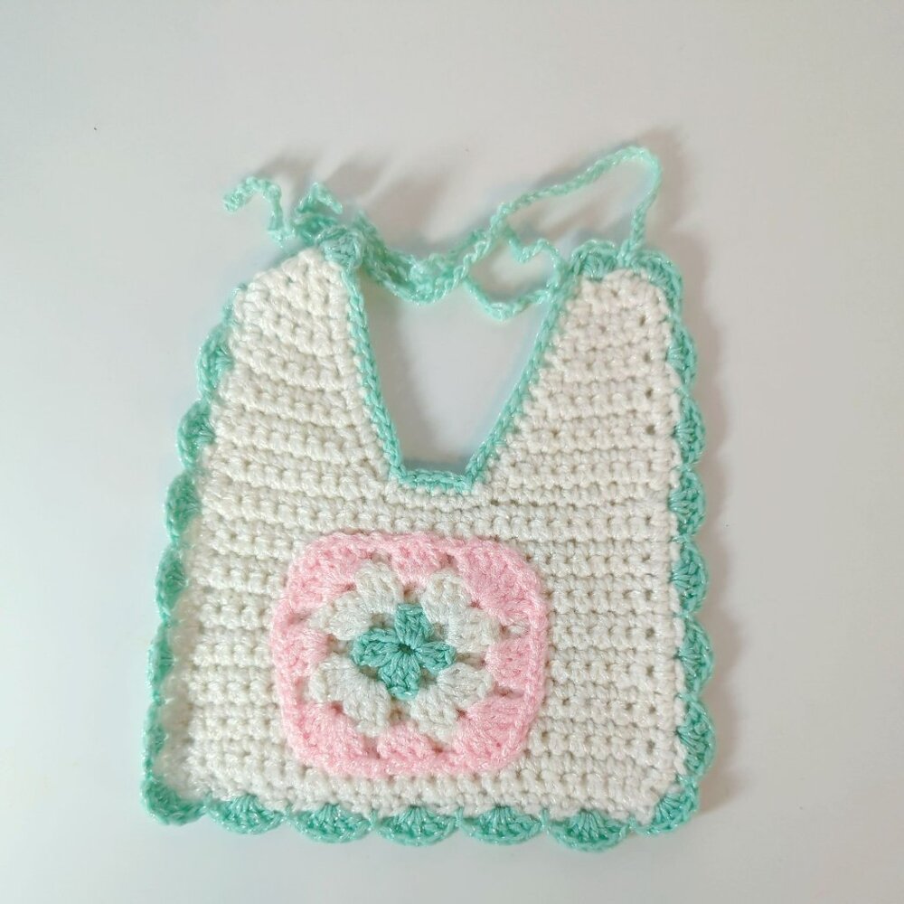 Vintage Handmade Crochet Baby Doll Bib Pastel Green White Tie Closure